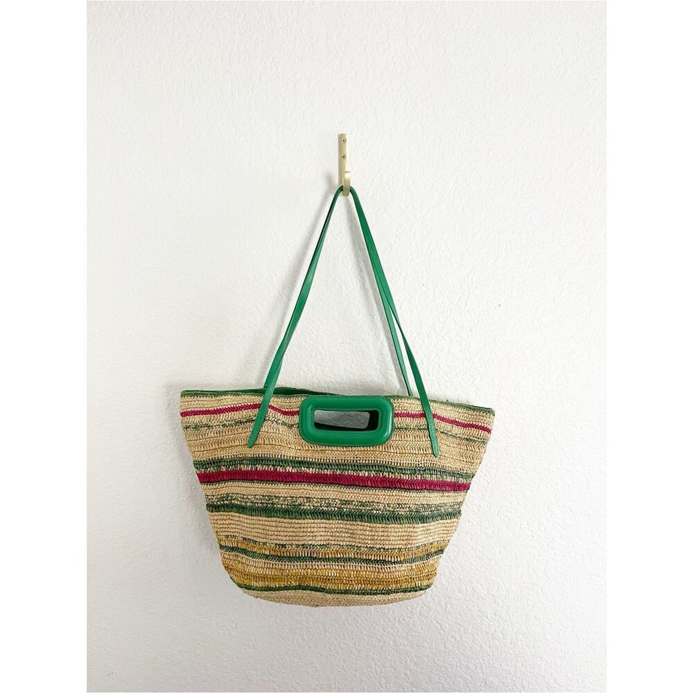 Maje Striped Raffia Basket Bag in the "Casino Green" Summer Stripe Beach Bag - Picture 7 of 13